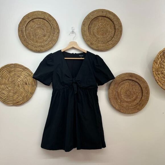 Madewell Neutral Black Preppy Knotted Tie Short Sleeve Mini Dress 2 - Picture 2 of 5